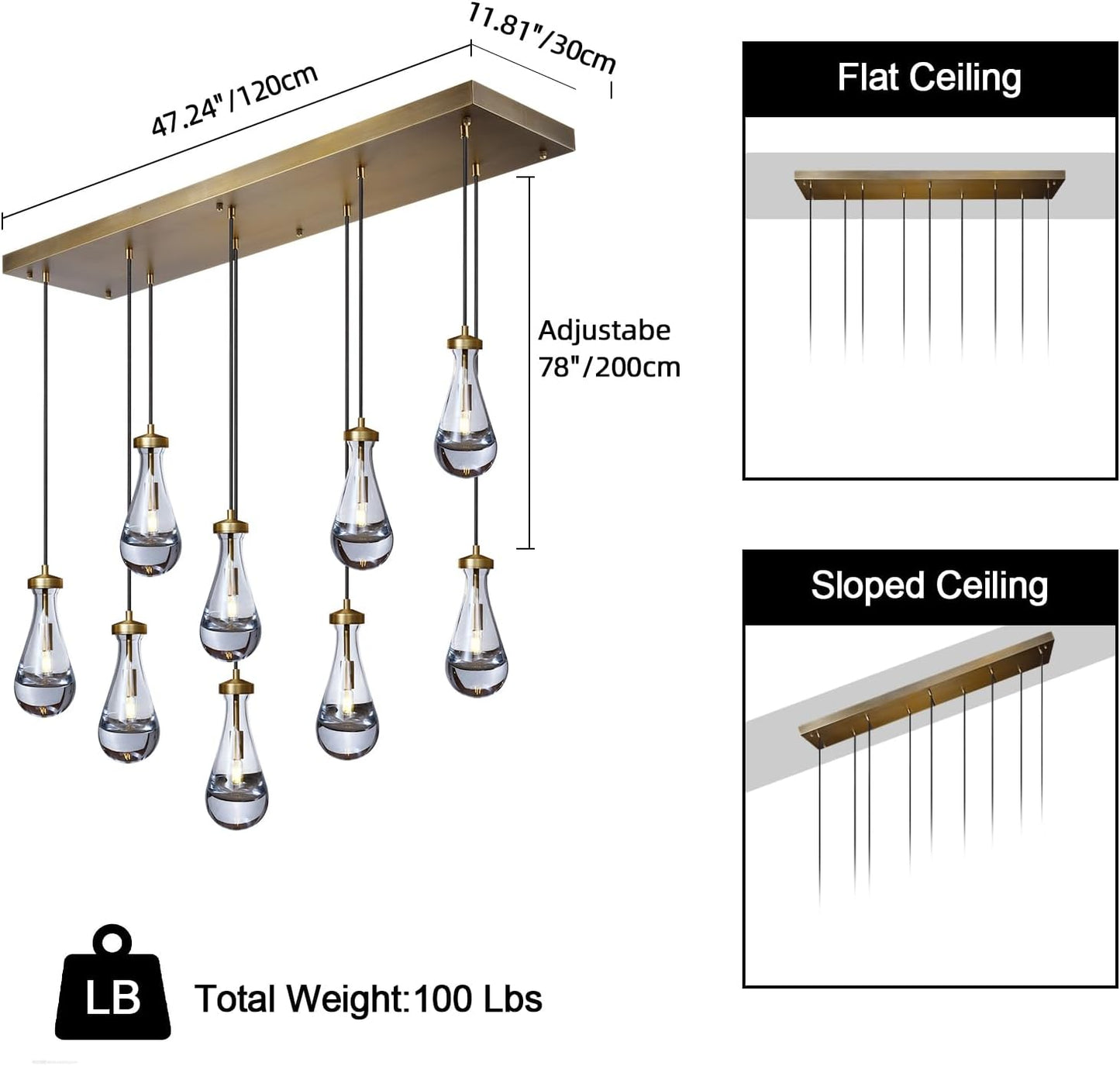 Raindrop 9-Light Chandeliers for Dining Room Gold Dining Room Lights Fixture Over Table, Brass Pendant Lights Kitchen Island, Adjustable Rope Teardrop Hanging Lamp Ceiling for Living Room