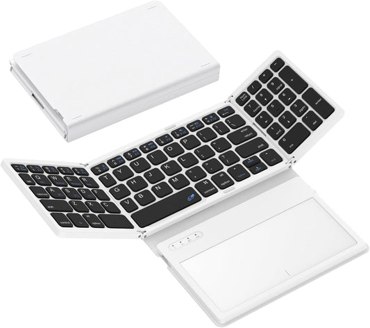 Foldable Bluetooth Keyboard, Portable Full Size Folding Keyboard with Large Touchpad, Numeric Keypad, PU Leather, Wireless Travel Keyboard for Windows iOS Android Mac(Black-White)