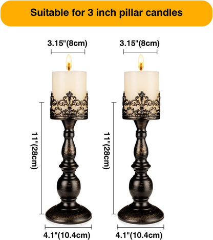Candle Holders for Pillar Candles Gothic Matte Black Vintage Tall Candle Holders Set of 2 Decorative Large Table Centerpieces Candle Stand Decor (Distressed Black 2PCS A)