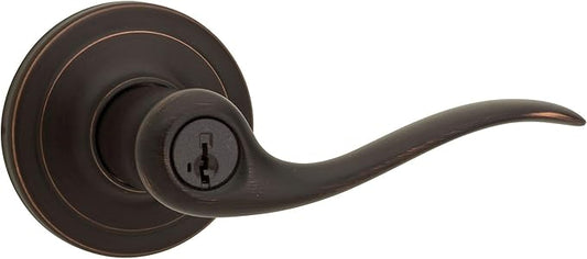 Kwikset Tustin Entry Door Handle with Lock and Key, Secure Keyed Reversible Lever Exterior, For Front Entrance and Bedrooms, Venetian Bronze, Pick Resistant Smartkey Rekey Security and Microban