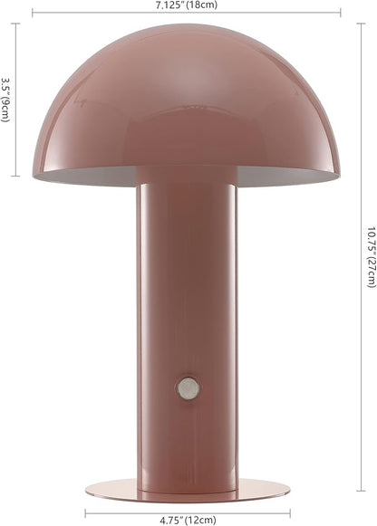 JONATHAN Y 10.75" Pink Rechargeable LED Mushroom Table Lamp, Cordless Portable Bedside Lamp for Living Room Bedroom, 3-Way Dimmable Modern Iron Desk Light, Metal Shade (JYL7115F)
