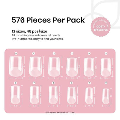 Beetles Gel Nail Tips Etch-X, Square Short, 576Pcs 12 Sizes, Pre-Shaped Half Matte Full Cover Soft Acrylic False Nail Tips Easy DIY Press On Nail Extension Manicure Salon Gift for Women