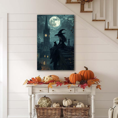 Halloween Witch Black Cat Wall Art,Magical Moon Witch on Roof with Black Cat at Night Scene Painting Haunting Dark Witches Canvas Print for Haunted House Party Decor Poster,16"x24" Unframed