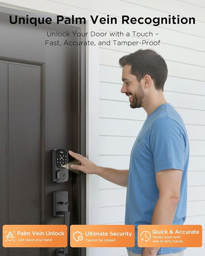 TCL Smart Lock D1 Pro, Palm Vein Recognition Door Lock with App Control, Keyless Entry Door Lock for Front Door, Wi-Fi Keypad Deadbolt, Compatible with Alexa & Google Assistant, Rechargeable Battery