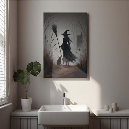 Vintage forest witch and black cat poster Halloween mural poster decoration mural art magic suitable for home living room bedroom16x24in Wood Framed
