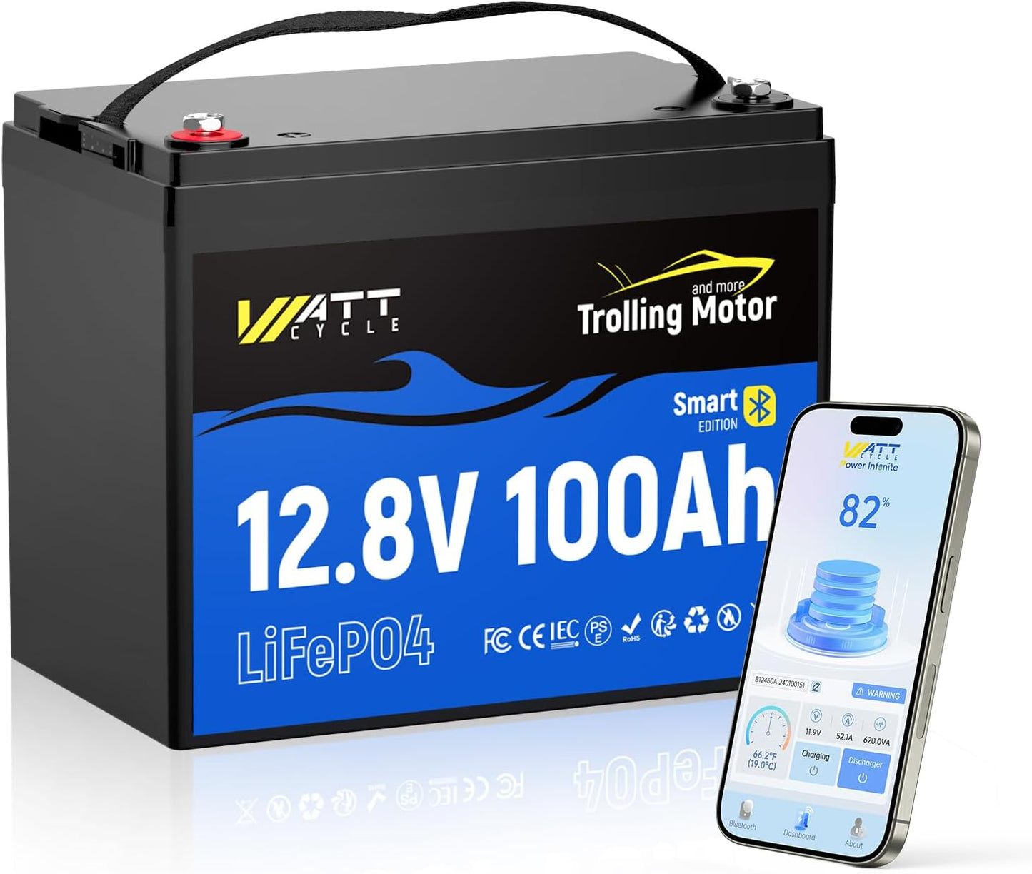 12V 100Ah TMBT LiFePO4 Lithium Battery with Smart Bluetooth, Group 24,Uilt-in 120A BMS, Automatically Cuts and Recovery, IP67, Deep Cycle Perfect for Trolling Motors Marine Boat RVs