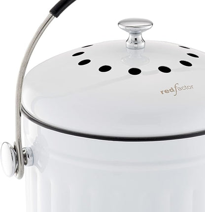 RED FACTOR Premium Compost Bin for Kitchen Countertop - Stainless Steel Food Waste Bucket with Innovative Dual Filter Technology - Includes Spare Filters (White, 1.3 Gallon)