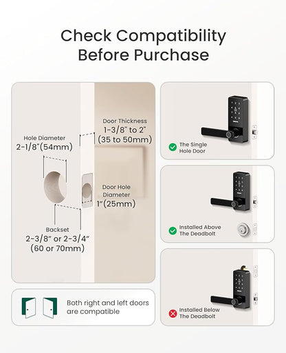 DESLOC B200L Fingerprint Smart Lock with Handle, Keyless Entry Door Locks for Front Door and Bedrooms, App Control, Touchscreen Keypad, Auto-Lock, 12-Month Battery, Emergency Power Port, IP54 Black