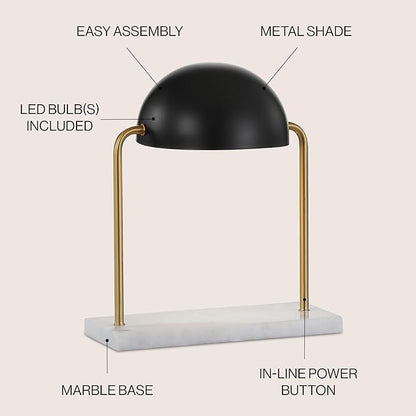 JONATHAN Y 13.5" Brass Gold and Black Art Deco Dome Table Lamp with White Marble Base, Modern Glam Desk Lamp for Living Room, Office, Bedroom, Metal Shade, LED Bulb Included JYL1044A