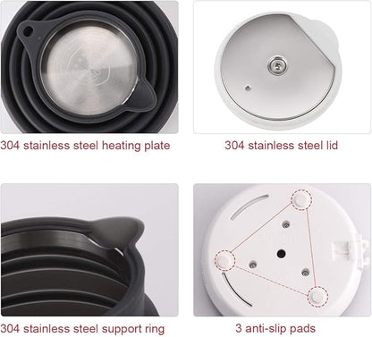 Ultrathin Upgraded Food Grade Silicone Travel Foldable Electric Kettle Boil Dry Protection Portable with Dual Voltage and Separable Power Cord,555ML 110-220V US Plug