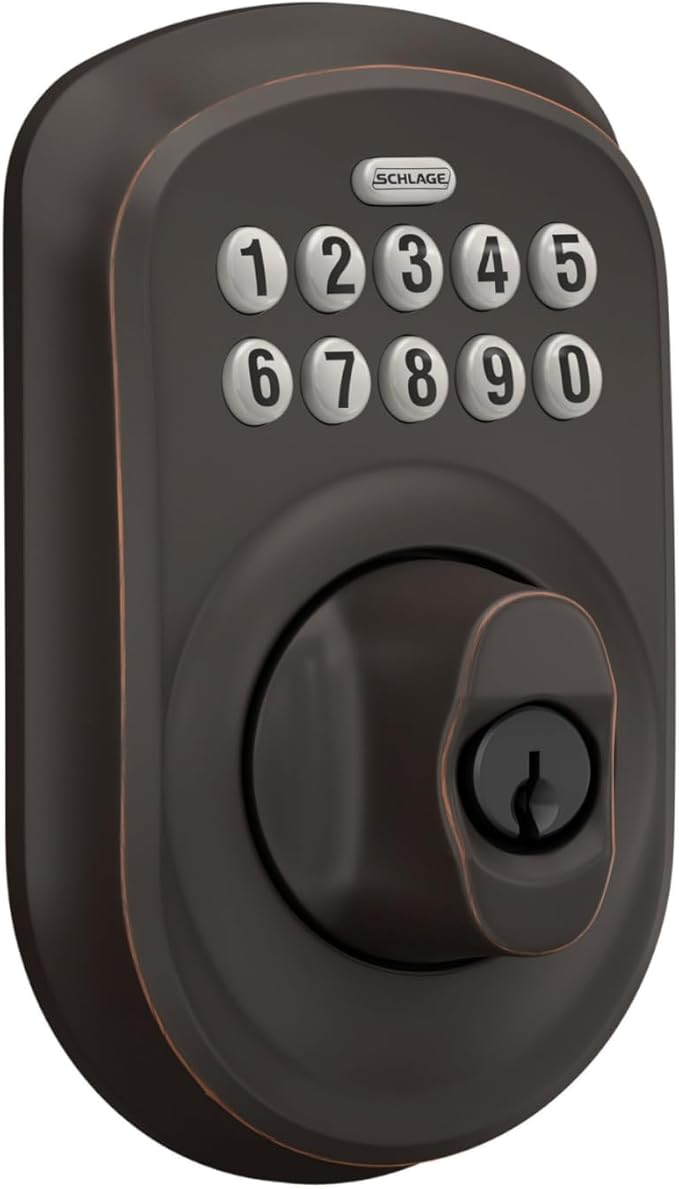 Schlage BE365 PLY 716 Plymouth Keypad Deadbolt, Electronic Keyless Entry Lock, Aged Bronze