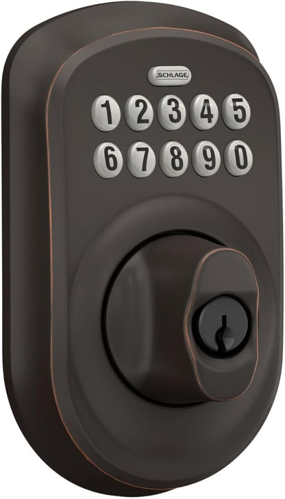 Schlage BE365 PLY 716 Plymouth Keypad Deadbolt, Electronic Keyless Entry Lock, Aged Bronze