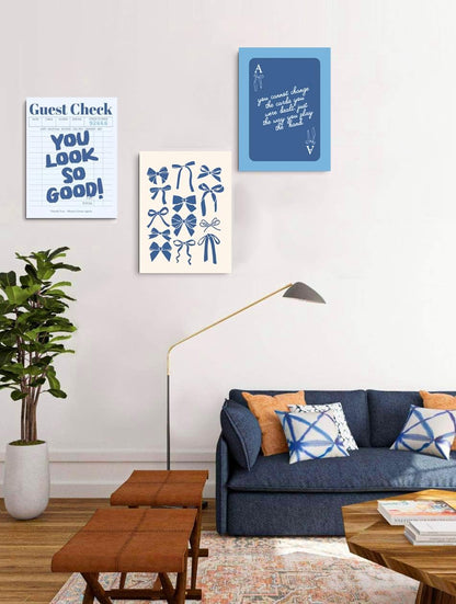 Blue Preppy Wall Art Framed Set of 3 Trendy Navy Bow Posters Retro Guest Check Canvas Prints Poker Painting Minimalist Positive Quote Picture Room Decor Aesthetic for Living Room Dorm Apartment12x16in
