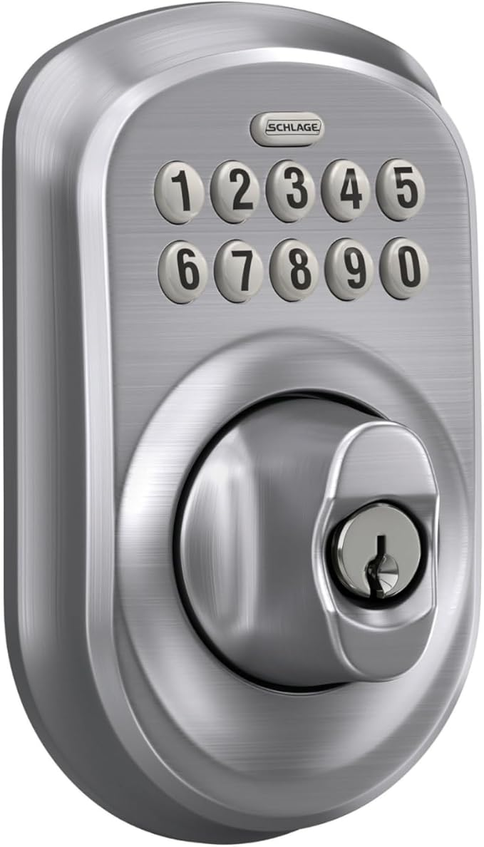Schlage BE365 PLY 626 Plymouth Keypad Deadbolt, Electronic Keyless Entry Lock, Satin Chrome