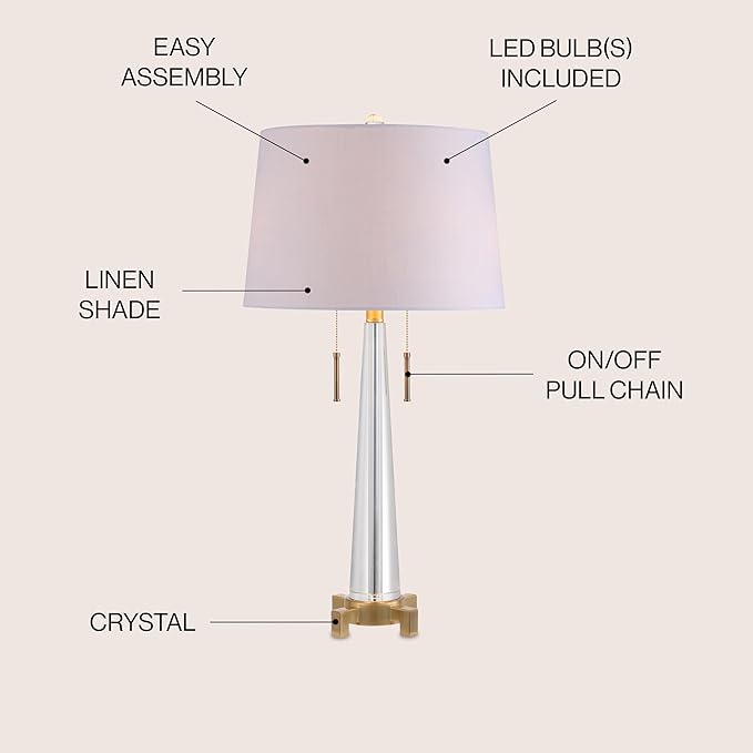 JONATHAN Y 29.5" Clear/Brass Gold 2-Light Crystal LED Table Lamp, Contemporary Glam Bedside Lamp for Living Room, White Linen Drum Shade, Pull Chain, LED Bulbs Included JYL2018A
