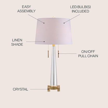 JONATHAN Y 29.5" Clear/Brass Gold 2-Light Crystal LED Table Lamp, Contemporary Glam Bedside Lamp for Living Room, White Linen Drum Shade, Pull Chain, LED Bulbs Included JYL2018A