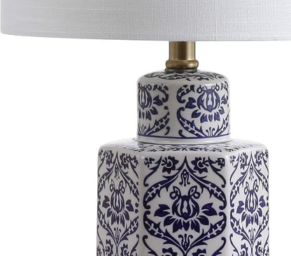 JONATHAN Y 23.5" Blue/White Traditional Ginger Jar Ceramic LED Table Lamp, Hexagonal Damask Pattern with White Linen Shade and Brass Accents, LED Bulb Included JYL3050A