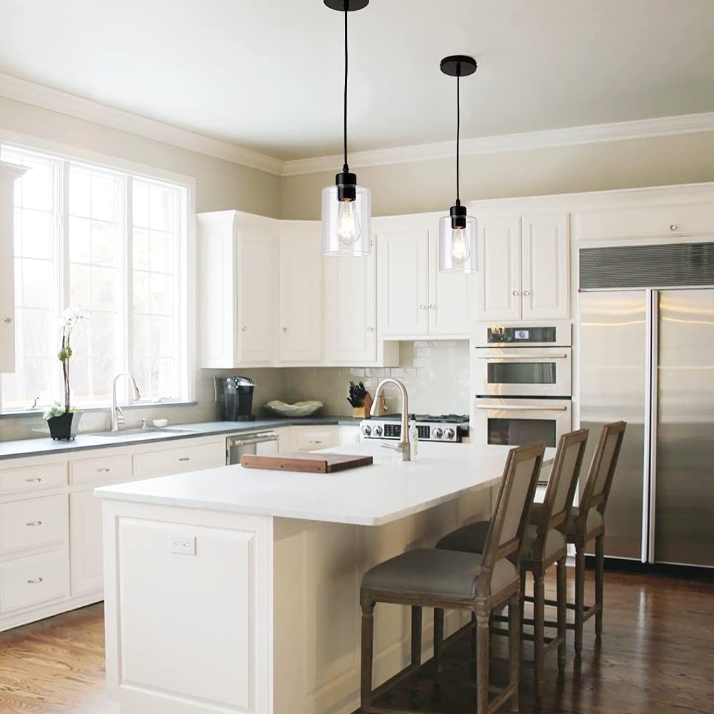 Modern Black Farmhouse Clear Glass Cylinder Pendant Light Fixture,Island Lights for Kitchen,Mini Pendant Lighting for Kitchen Island Decor - 4.75 Inch Shade, 2-58 Inch Cord(1 Pack)