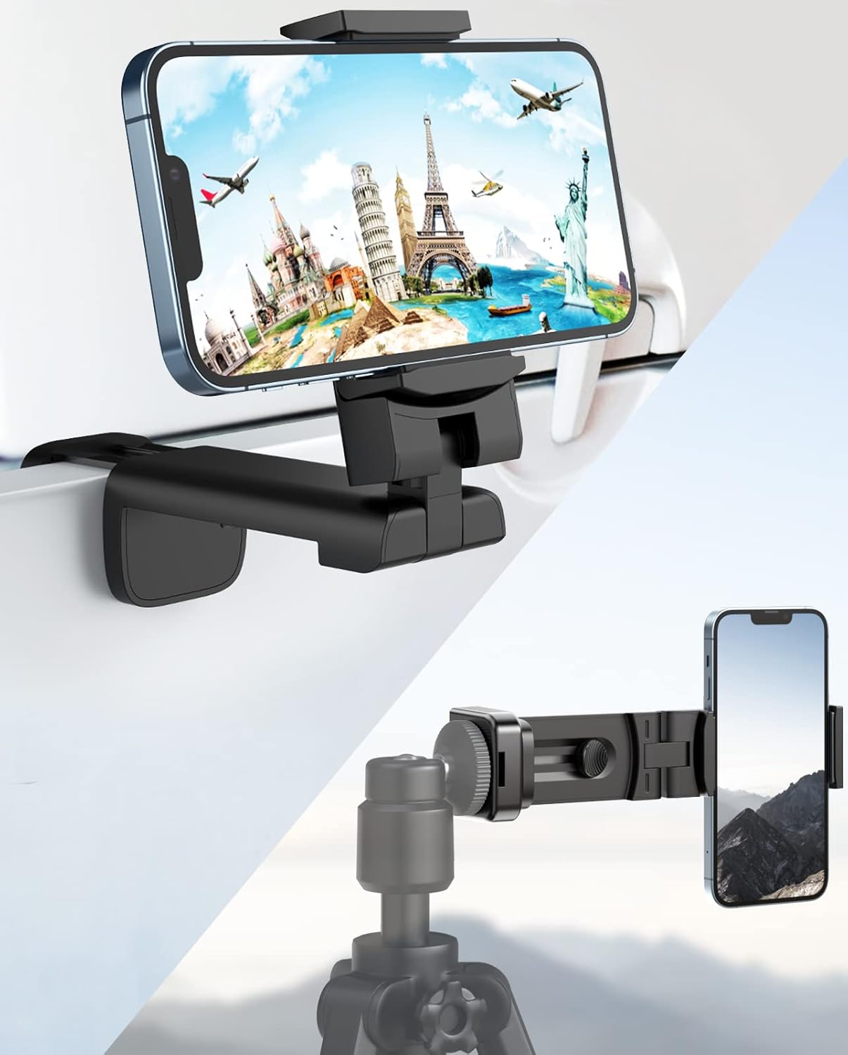 MiiKARE Airplane Travel Essentials Phone Holder, Universal Handsfree Phone Mount for Flying with 360 Degree Rotation, Accessory for Airplane, Travel Must Haves Phone Stand for Desk, Tray Table, Pro