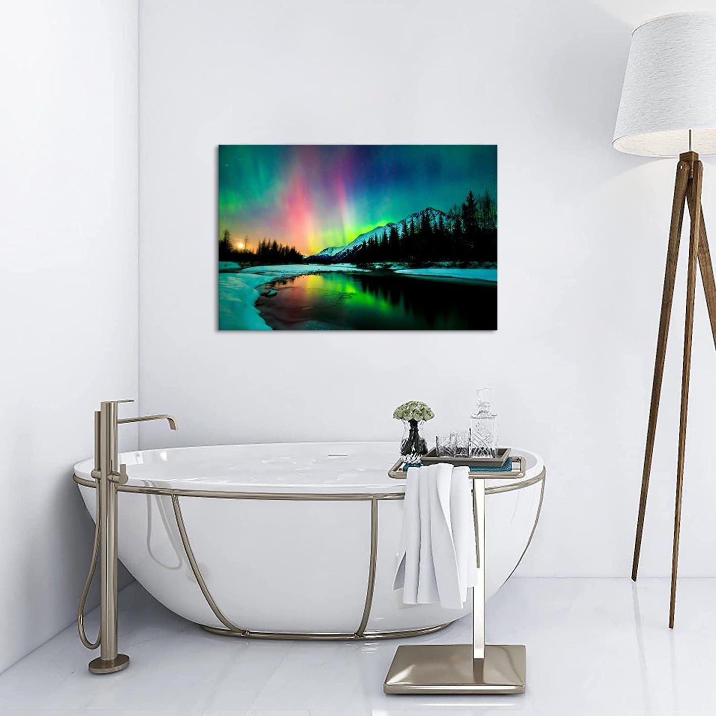 Aurora Borealis Canvas Wall Art Northern Lights Canvas Print Painting for Living Room Snowy-Mountains-Landscape Poster Picture Wooden Framed Prints Ready to Hang (24.00"x36.00")