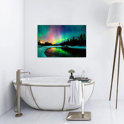 Aurora Borealis Canvas Wall Art Northern Lights Canvas Print Painting for Living Room Snowy-Mountains-Landscape Poster Picture Wooden Framed Prints Ready to Hang (24.00"x36.00")