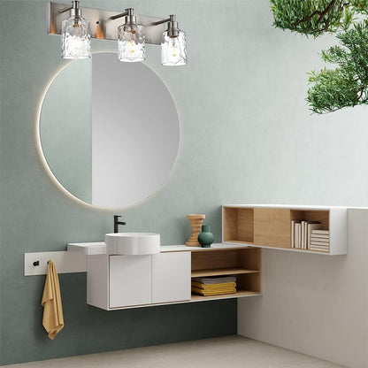 BONLICHT Bathroom Vanity Light Fixtures 3 Lights Modern Wall Sconce Brushed Nickel with Metal Base and Hammered Glass Shade, Industrial Farmhouse Bath Wall Lights for Hallway Kitchen Bedroom