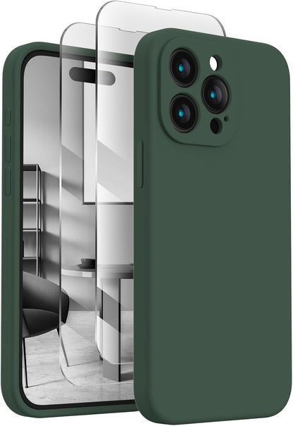 FireNova Designed for iPhone 15 Pro Case, Silicone Upgraded [Camera Protection] Phone Case with [2 Screen Protectors], Soft Anti-Scratch Microfiber Lining Inside, 6.1 inch, Alpine Green