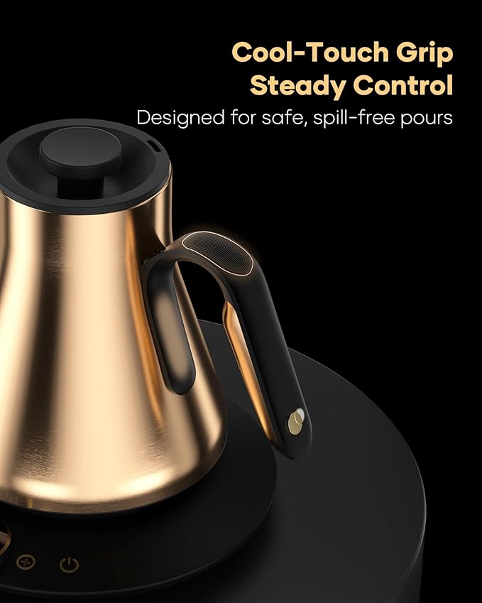 Cocinare Barista Collection Gooseneck Electric Kettle, ±1℉ Precise Temperature Control for Pour-Over Coffee & Tea, Quick Heating 1500W, Stainless Steel Interior, 0.9L (Gustav Gold)