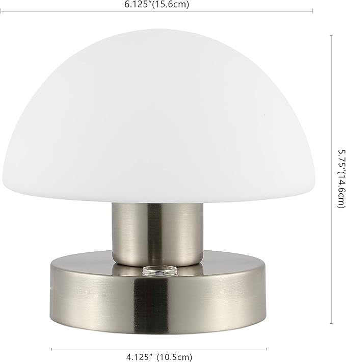 JONATHAN Y 5.75" Nickel/White Rechargeable Portable LED Table Lamp, Cordless Mushroom Accent Light for Bar, Nightstand, with Frosted White Glass Shade (JYL7113B)