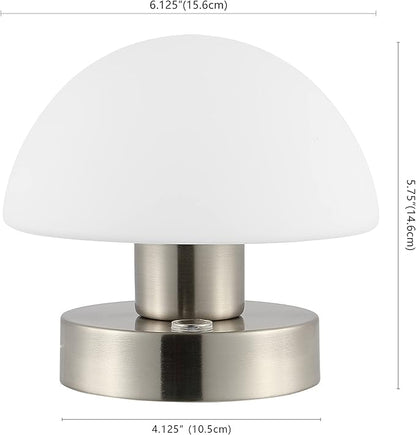 JONATHAN Y 5.75" Nickel/White Rechargeable Portable LED Table Lamp, Cordless Mushroom Accent Light for Bar, Nightstand, with Frosted White Glass Shade (JYL7113B)