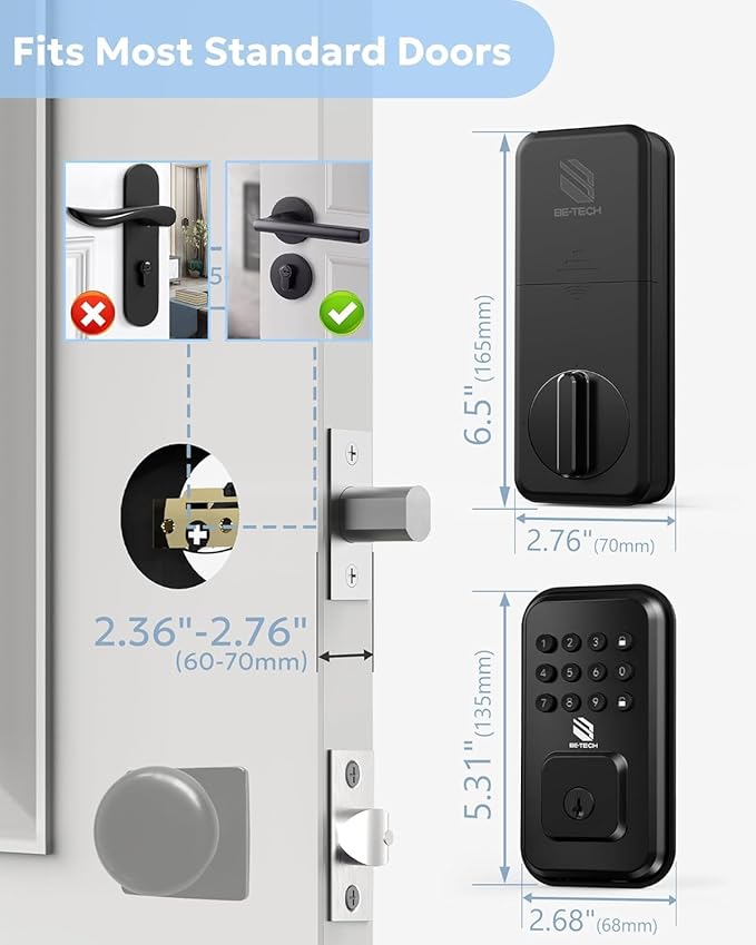 BE-TECH Keyless Entry Door Lock with Keypad - Smart Digital Deadbolt for Front Door with 2 Keys, Electronic Door Lock with Anti-Peeping Code, Auto-Locking, One-time Password for Customer, Black
