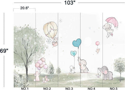 Cartoon Elephant Rabbit Balloon Nursery Wall Mural Wallpaper 103" x 69"