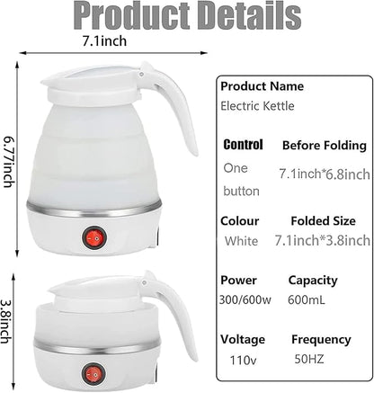 UpdateClassic Small Travel Foldable Electric Kettle, 0.6L Portable Collapsible Hot Water Boiler For Coffee Tea (White)
