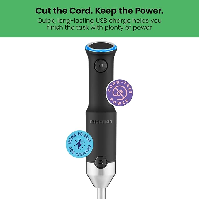 Chefman Cordless Power Portable Immersion Blender, Ice Crushing Power with One-Touch Speed Control, USB Charging, Quickly Mixes Smoothies, Purees Soups, Dips, Sauces, Storage Case, Stainless Steel