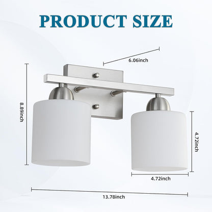 Stainless Steel Milk Glass Vanity Lights for Bathroom, 2 Light Brushed Nickel Bathroom Light Fixtures Over Mirror, Ceramic E26 Sockets Wall Mounted