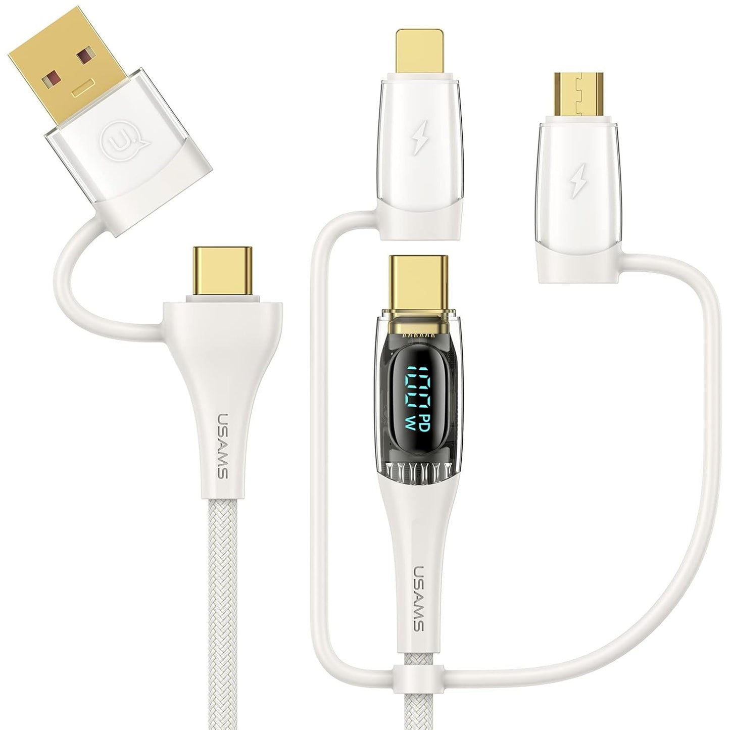 USB C to Multi Charging Cable, USAMS 100W 4FT 5A Type C to Type C Fast Charger Charging Cord with LED Display 5-in-1 C/A to C/Micro/IP Sync Charger Adapter Compatible for Laptop/Tablet/Phone