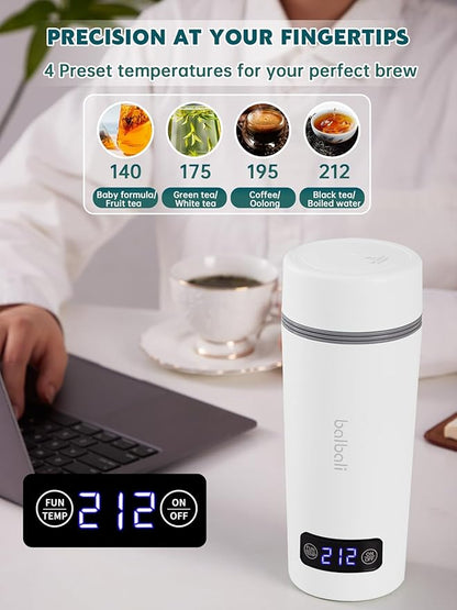 balbali Dual Voltage Travel Kettle 100-250V - 12oz Portable Water Boiler/Warmer/Heater for Boiling Water - 4 Preset Temperature Control Portable Tea Kettle Electric Travel - White