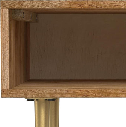 SIMPLIHOME Fallon End Table - 20 inch Wide Solid Mango Wood Square Accent Table with Open Storage Compartment and Gold Metal Base in Natural, Contemporary Nightstand for Living Room or Bedroom