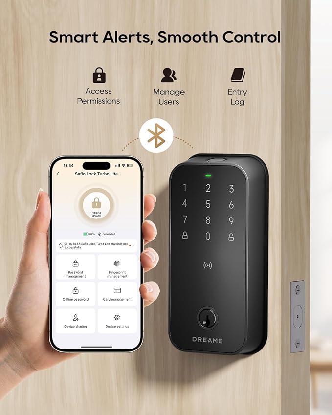 DREAME Smart Lock Lite, Digital Fingerprint Keyless Entry Door Lock, 12-Months Battery, Front Door Smart Lock Deadbolt Set with App Control, Auto Lock, IP54 Waterproof, Supports Apple HomeKit, Black