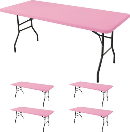Fitted Tablecloth for 8 Foot Rectangle Tables-4 Pack Pink Elastic Outdoor Picnic Table Cover-Spandex Stretch Folding Table Cloths 8ft for Camping Dining Room Patio Kitchen Banquet Party