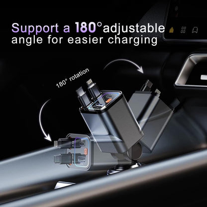 [2025 Mirco-Version] 4 in 1 Retractable Car Charger,69W Car Charger USB C,Cigarette Lighter Adapter,Fast Charging for iPhone 16e/16Pro Max,Galaxy,iPad,Pixel (Dual Cord USB-C) Black