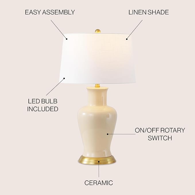 JONATHAN Y 29" Almond Traditional Ceramic Urn LED Table Lamp for Bedroom Decor, White Linen Drum Shade, Classic Nightstand Lamp for Living Room, LED Bulb Included (JYL4026D)
