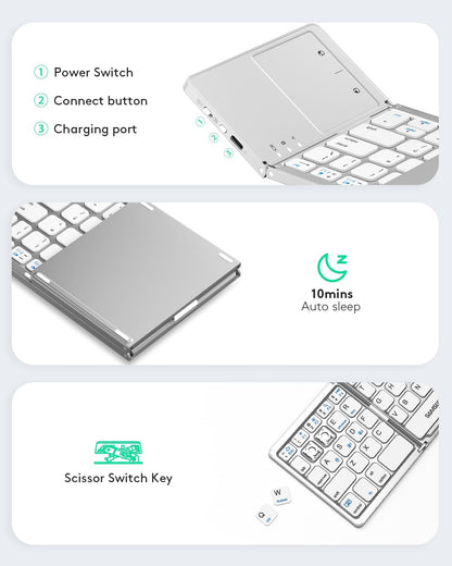 Samsers Multi-Device Foldable Bluetooth Keyboard with Touchpad, Rechargeable Dual-Mode(2.4G+BTx2) Wireless Keyboard with Holder, Portable Folding Keyboards for Android Windows iOS Mac OS - Silver