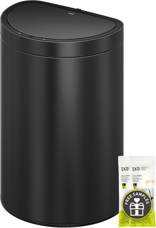 EKO Mirage Semi-Round 47L / 12.4 Gal Motion Sensor Trash Can, Automatic Kitchen Trash Bin with Deodorizer Compartment, Removable Lid & Inner Bucket, Stainless Steel Garbage Can, Matte Black
