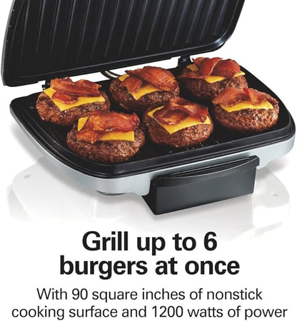 Hamilton Beach Electric Indoor Grill, 6-Serving, Large 90 sq. in. Nonstick Easy Clean Plates, Floating Hinge for Thicker Foods, 1200 Watts, 6.38"D x 12.68"W x 13.78"H , Silver (25371)