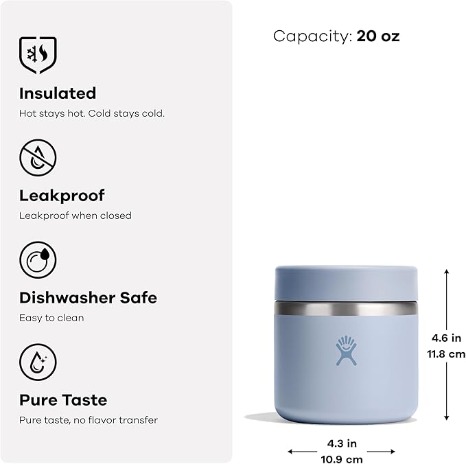 Hydro Flask Food Jar – Insulated Stainless Steel, Snack Travel Container for Hot Food, Lunch, & Soup 20 Oz Surf Blue
