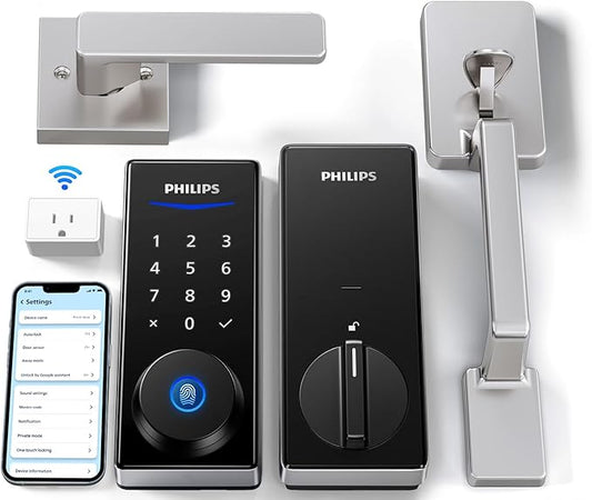 Philips Wi-Fi Smart Lock with Handle, Keyless Entry Keypad Door Lock with Handle, Front Door Deadbolt Set with Gateway, App Control, Fingerprint Unlock, PIN Code Unlock, Auto Locking, Touchscreen