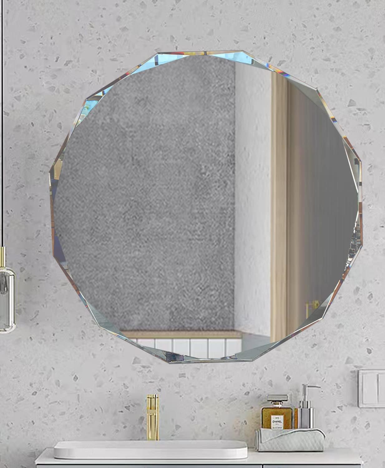 Single Beveled Edge Circle Mirror Frameless Wall Mount Bathroom Vanity Mirror, 20”