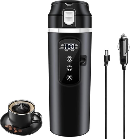 DC 12V/24V Car Travel Electric Kettle, 400ml Car Heating Mug with Anti-Spill Lid, Leak-proof, 304 Stainless Steel Liner Portable Coffee Tea Cup Up to 100℃ Variable Temp Control Bottle