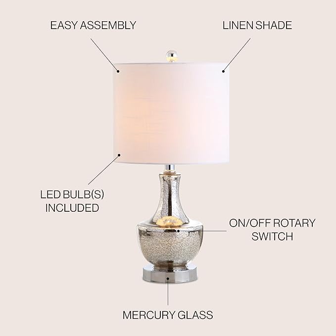 JONATHAN Y 20" Silver Glass Mini Table Lamp, Modern Bedside Lamp for Bedroom, White Linen Drum Shade, Teardrop Glass Base, LED Bulb Included, UL Listed (JYL1029B)